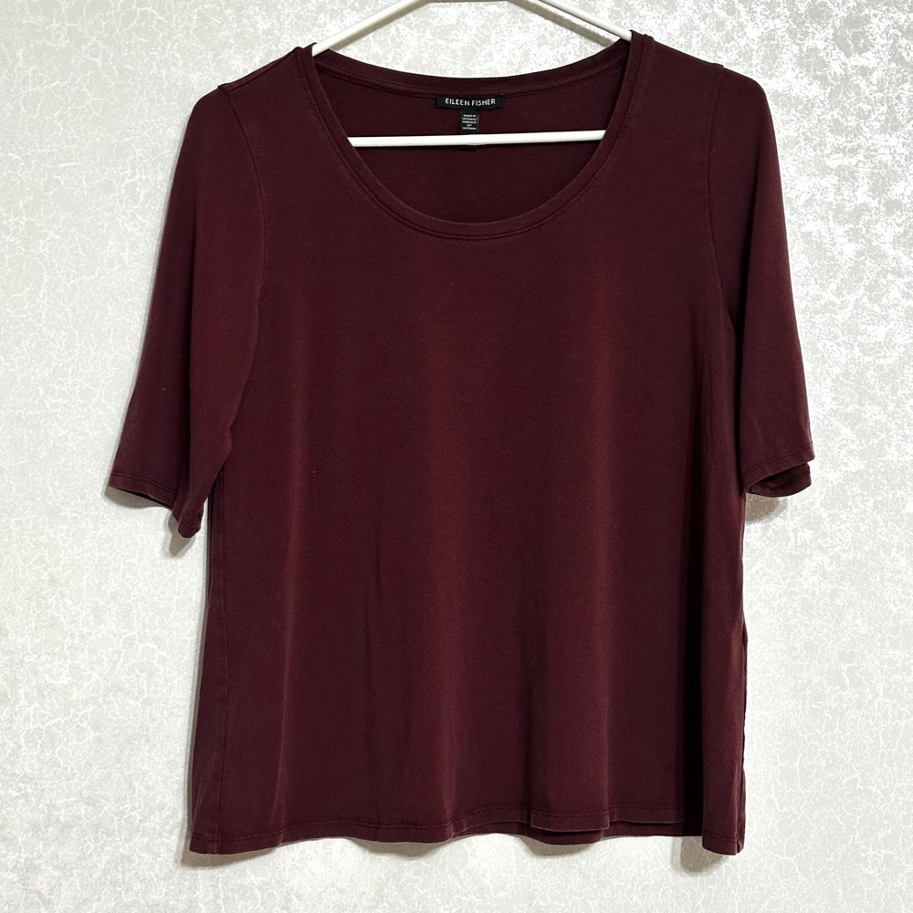 Eileen Fisher Burgundy Scoop‎ Neck Short Sleeve Tunic Top Neutral Minimalist XS